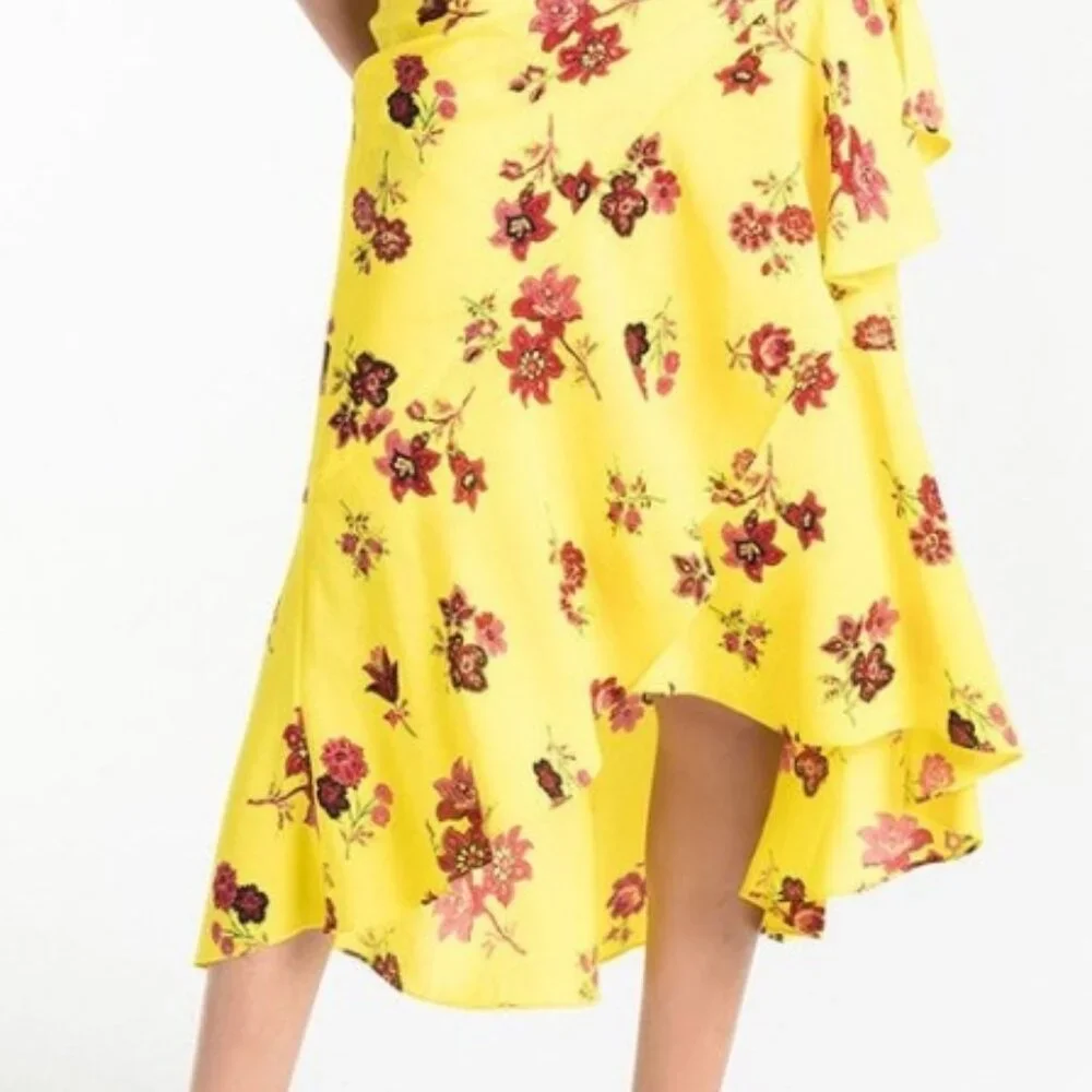A.L.C Silk Florence Floral Ruffles Asymmetrical Midi Dress Linsey Yellow XS $675
